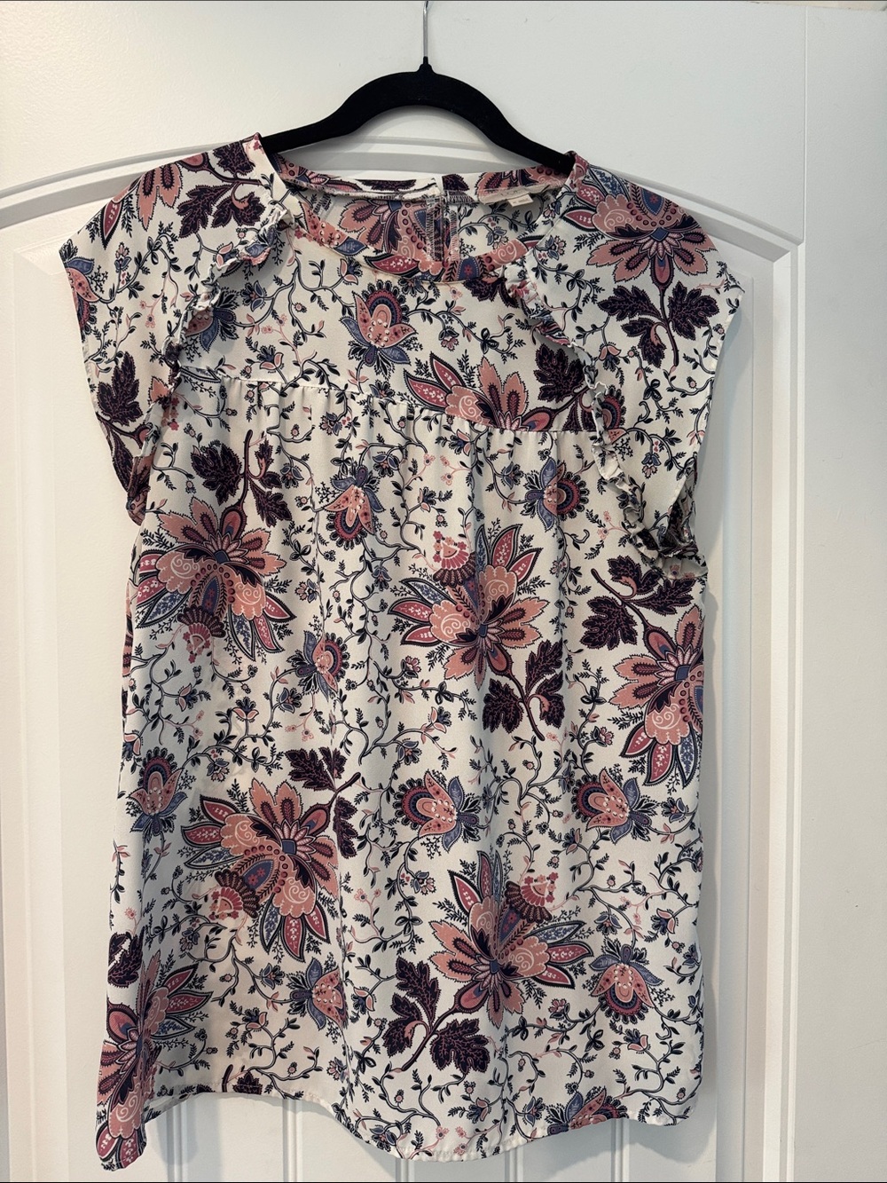 LOFT Cream Floral Blouse with Pink and Navy Accents